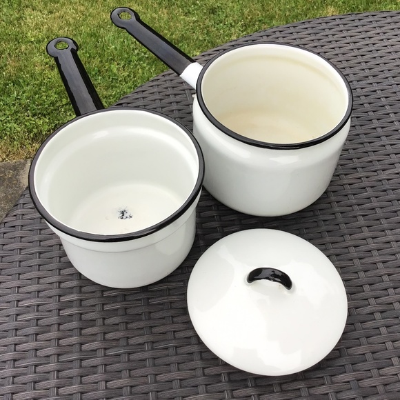 Vintage Double Boiler Enamelware White Black 3 Piece Set Pots & Lid - Picture 2 of 13